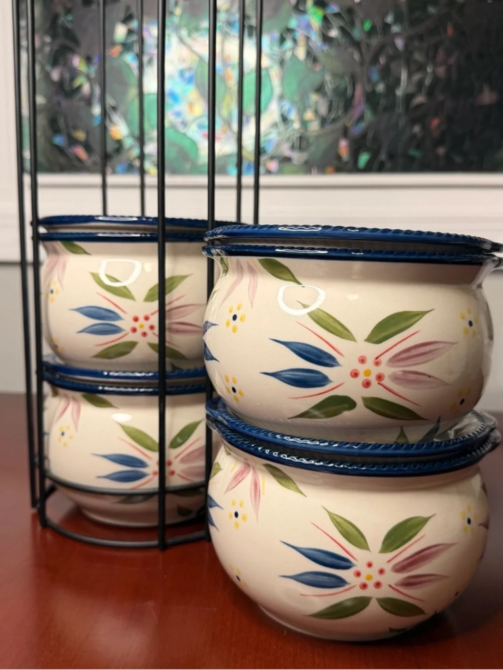 Temp-tations Old World 9pc 24oz Floral Soup Bowls w/ Metal Rack Stacking